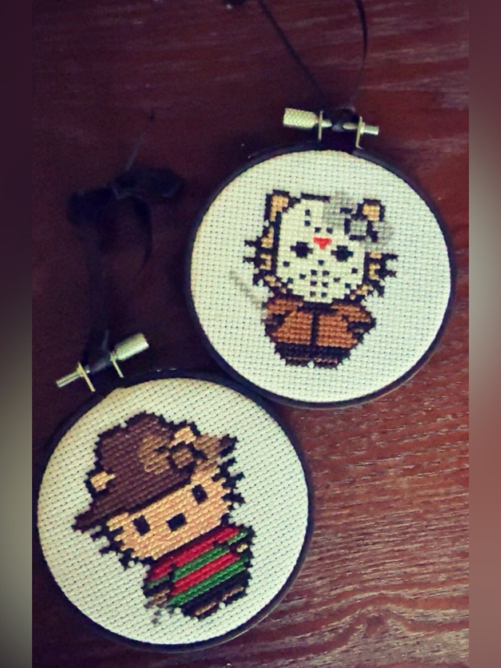 Handmade Horror Character Cross-Stitch Hoop Pair - White, Brown, Green, Red